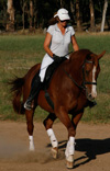 Cathy at her agistment property located at Kelloshiel Park riding her horse